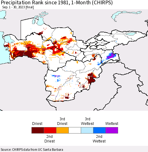 Central Asia Precipitation Rank since 1981, 1-Month (CHIRPS) Thematic Map For 9/1/2023 - 9/30/2023