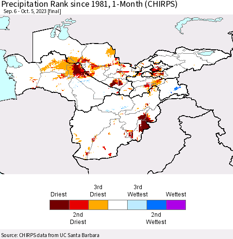 Central Asia Precipitation Rank since 1981, 1-Month (CHIRPS) Thematic Map For 9/6/2023 - 10/5/2023