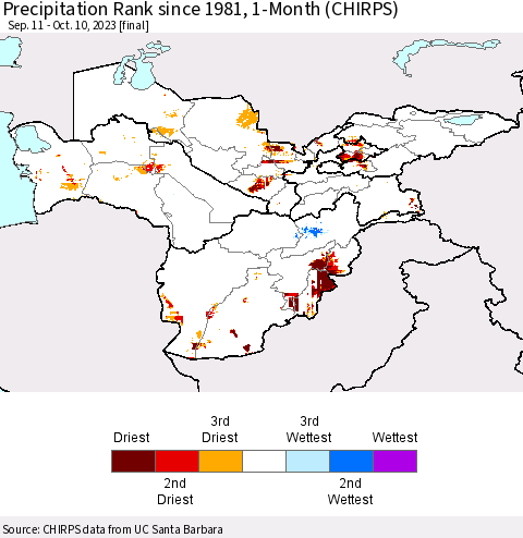 Central Asia Precipitation Rank since 1981, 1-Month (CHIRPS) Thematic Map For 9/11/2023 - 10/10/2023