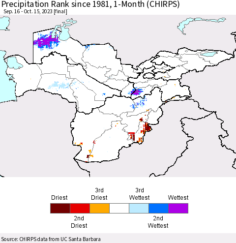 Central Asia Precipitation Rank since 1981, 1-Month (CHIRPS) Thematic Map For 9/16/2023 - 10/15/2023