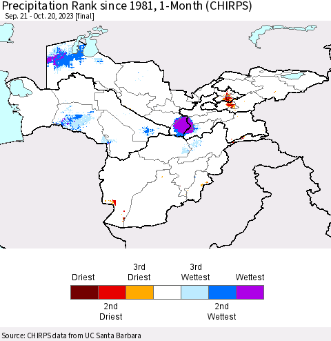 Central Asia Precipitation Rank since 1981, 1-Month (CHIRPS) Thematic Map For 9/21/2023 - 10/20/2023