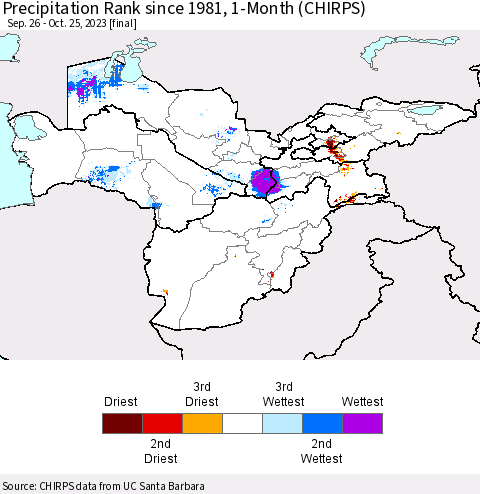 Central Asia Precipitation Rank since 1981, 1-Month (CHIRPS) Thematic Map For 9/26/2023 - 10/25/2023