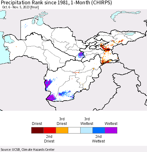 Central Asia Precipitation Rank since 1981, 1-Month (CHIRPS) Thematic Map For 10/6/2023 - 11/5/2023