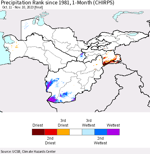 Central Asia Precipitation Rank since 1981, 1-Month (CHIRPS) Thematic Map For 10/11/2023 - 11/10/2023