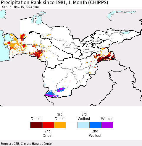 Central Asia Precipitation Rank since 1981, 1-Month (CHIRPS) Thematic Map For 10/16/2023 - 11/15/2023