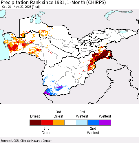 Central Asia Precipitation Rank since 1981, 1-Month (CHIRPS) Thematic Map For 10/21/2023 - 11/20/2023