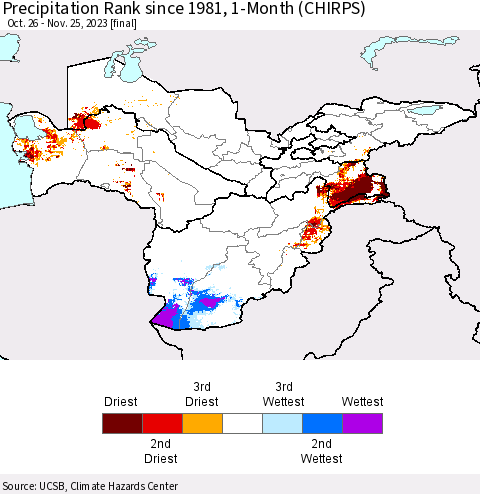 Central Asia Precipitation Rank since 1981, 1-Month (CHIRPS) Thematic Map For 10/26/2023 - 11/25/2023