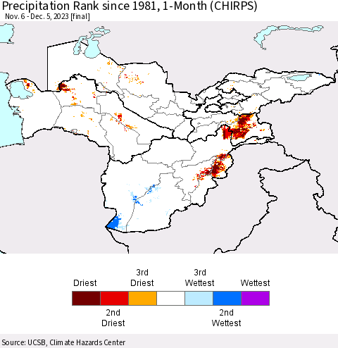 Central Asia Precipitation Rank since 1981, 1-Month (CHIRPS) Thematic Map For 11/6/2023 - 12/5/2023