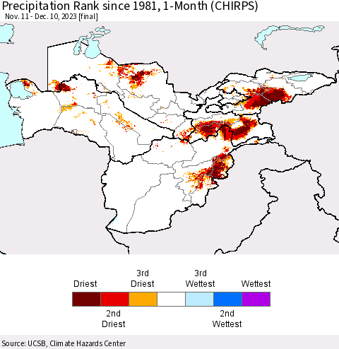 Central Asia Precipitation Rank since 1981, 1-Month (CHIRPS) Thematic Map For 11/11/2023 - 12/10/2023