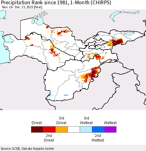 Central Asia Precipitation Rank since 1981, 1-Month (CHIRPS) Thematic Map For 11/16/2023 - 12/15/2023