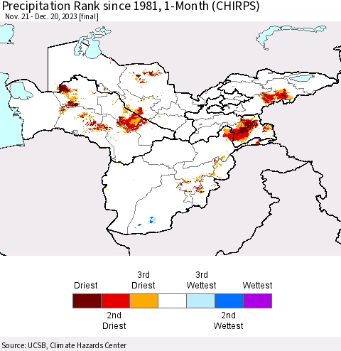 Central Asia Precipitation Rank since 1981, 1-Month (CHIRPS) Thematic Map For 11/21/2023 - 12/20/2023