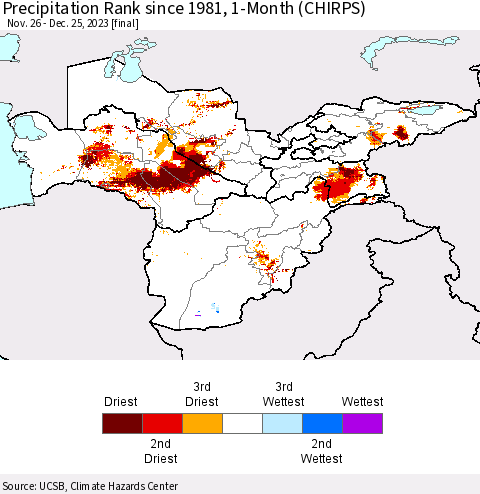 Central Asia Precipitation Rank since 1981, 1-Month (CHIRPS) Thematic Map For 11/26/2023 - 12/25/2023