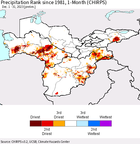Central Asia Precipitation Rank since 1981, 1-Month (CHIRPS) Thematic Map For 12/1/2023 - 12/31/2023