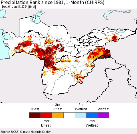 Central Asia Precipitation Rank since 1981, 1-Month (CHIRPS) Thematic Map For 12/6/2023 - 1/5/2024