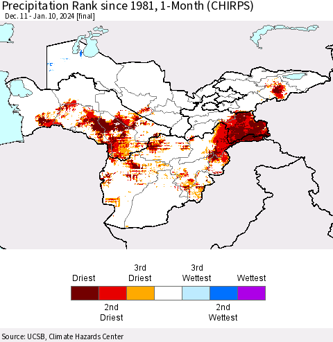 Central Asia Precipitation Rank since 1981, 1-Month (CHIRPS) Thematic Map For 12/11/2023 - 1/10/2024