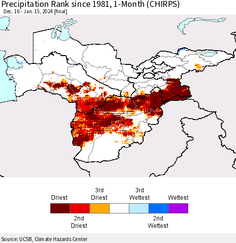 Central Asia Precipitation Rank since 1981, 1-Month (CHIRPS) Thematic Map For 12/16/2023 - 1/15/2024