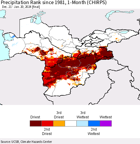 Central Asia Precipitation Rank since 1981, 1-Month (CHIRPS) Thematic Map For 12/21/2023 - 1/20/2024