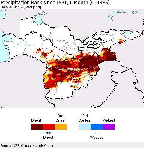 Central Asia Precipitation Rank since 1981, 1-Month (CHIRPS) Thematic Map For 12/26/2023 - 1/25/2024