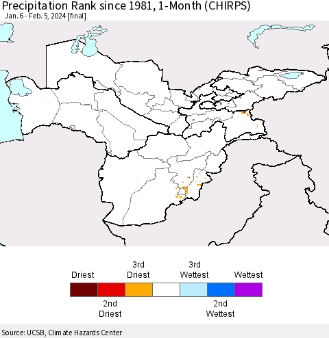 Central Asia Precipitation Rank since 1981, 1-Month (CHIRPS) Thematic Map For 1/6/2024 - 2/5/2024