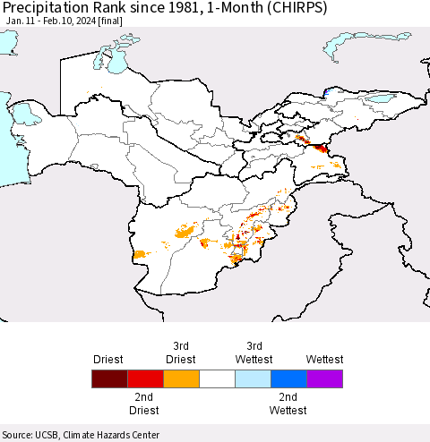 Central Asia Precipitation Rank since 1981, 1-Month (CHIRPS) Thematic Map For 1/11/2024 - 2/10/2024