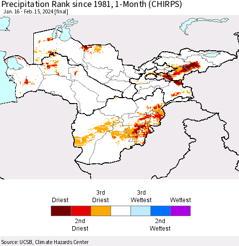 Central Asia Precipitation Rank since 1981, 1-Month (CHIRPS) Thematic Map For 1/16/2024 - 2/15/2024
