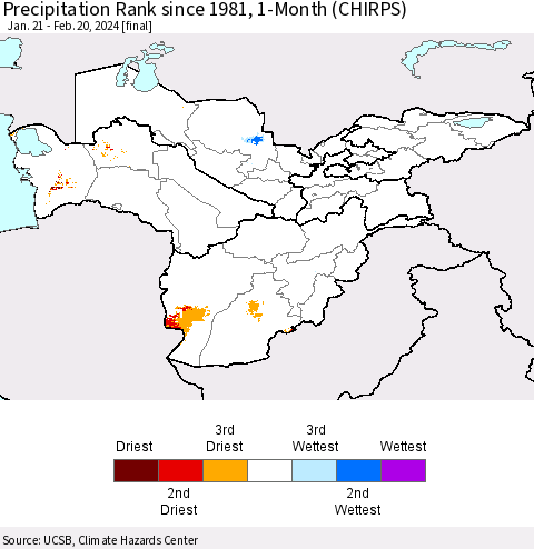 Central Asia Precipitation Rank since 1981, 1-Month (CHIRPS) Thematic Map For 1/21/2024 - 2/20/2024