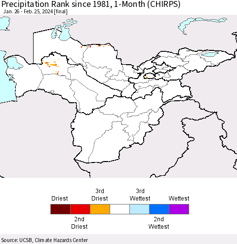 Central Asia Precipitation Rank since 1981, 1-Month (CHIRPS) Thematic Map For 1/26/2024 - 2/25/2024