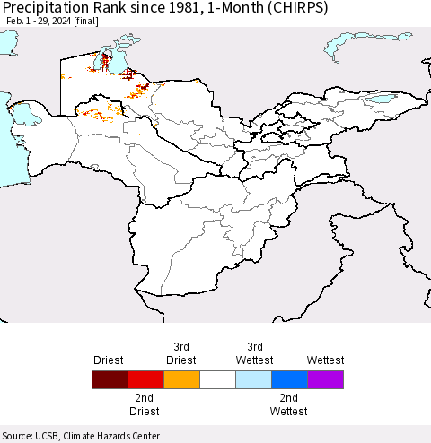 Central Asia Precipitation Rank since 1981, 1-Month (CHIRPS) Thematic Map For 2/1/2024 - 2/29/2024