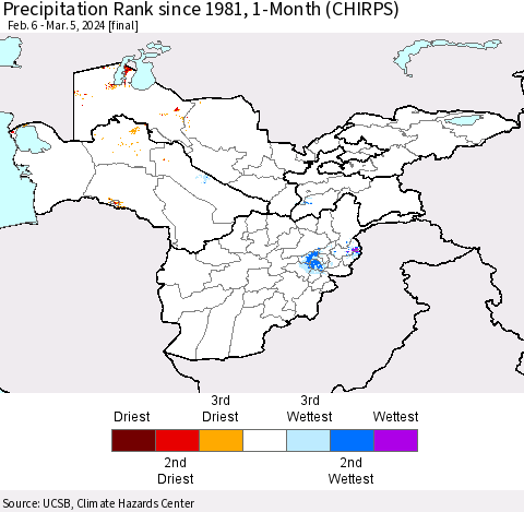Central Asia Precipitation Rank since 1981, 1-Month (CHIRPS) Thematic Map For 2/6/2024 - 3/5/2024