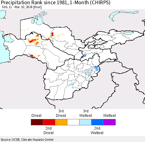 Central Asia Precipitation Rank since 1981, 1-Month (CHIRPS) Thematic Map For 2/11/2024 - 3/10/2024