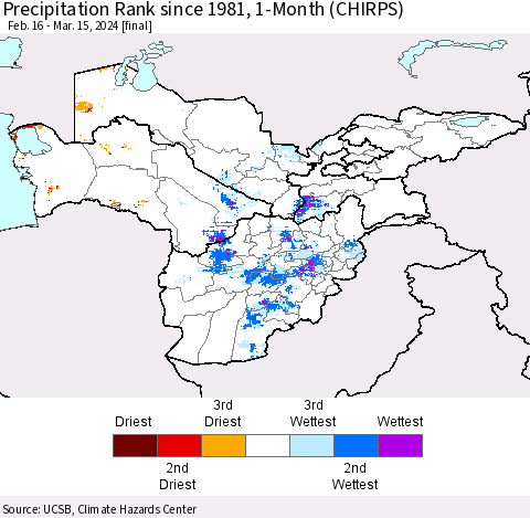 Central Asia Precipitation Rank since 1981, 1-Month (CHIRPS) Thematic Map For 2/16/2024 - 3/15/2024