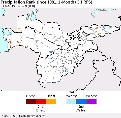 Central Asia Precipitation Rank since 1981, 1-Month (CHIRPS) Thematic Map For 2/21/2024 - 3/20/2024