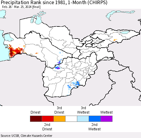 Central Asia Precipitation Rank since 1981, 1-Month (CHIRPS) Thematic Map For 2/26/2024 - 3/25/2024
