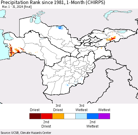 Central Asia Precipitation Rank since 1981, 1-Month (CHIRPS) Thematic Map For 3/1/2024 - 3/31/2024
