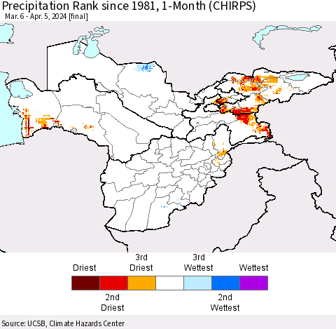 Central Asia Precipitation Rank since 1981, 1-Month (CHIRPS) Thematic Map For 3/6/2024 - 4/5/2024