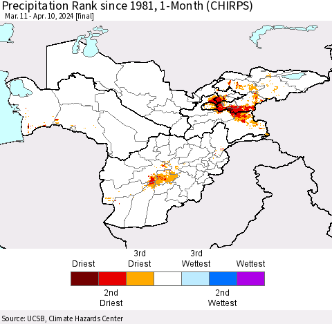 Central Asia Precipitation Rank since 1981, 1-Month (CHIRPS) Thematic Map For 3/11/2024 - 4/10/2024