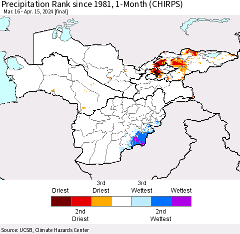 Central Asia Precipitation Rank since 1981, 1-Month (CHIRPS) Thematic Map For 3/16/2024 - 4/15/2024