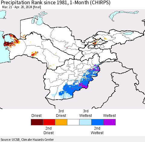 Central Asia Precipitation Rank since 1981, 1-Month (CHIRPS) Thematic Map For 3/21/2024 - 4/20/2024