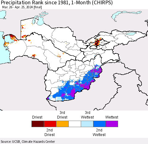 Central Asia Precipitation Rank since 1981, 1-Month (CHIRPS) Thematic Map For 3/26/2024 - 4/25/2024