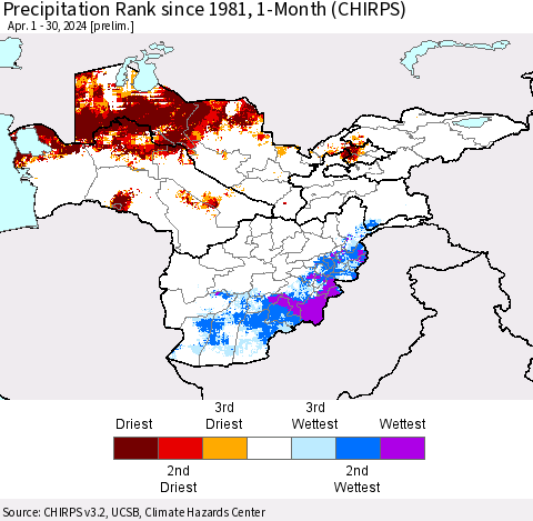 Central Asia Precipitation Rank since 1981, 1-Month (CHIRPS) Thematic Map For 4/1/2024 - 4/30/2024