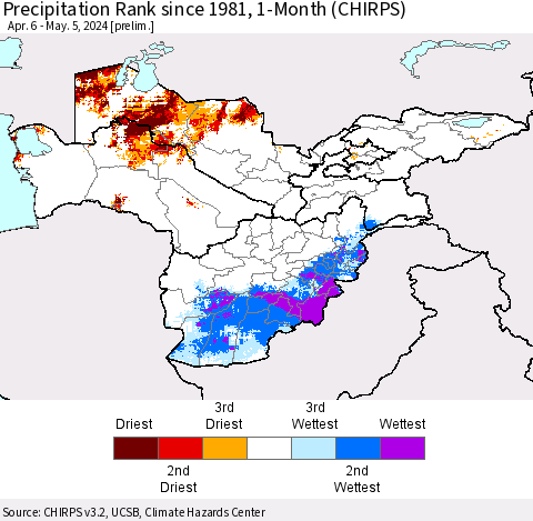 Central Asia Precipitation Rank since 1981, 1-Month (CHIRPS) Thematic Map For 4/6/2024 - 5/5/2024