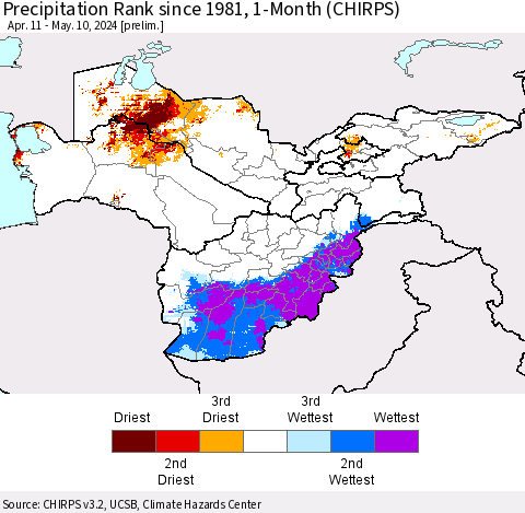 Central Asia Precipitation Rank since 1981, 1-Month (CHIRPS) Thematic Map For 4/11/2024 - 5/10/2024
