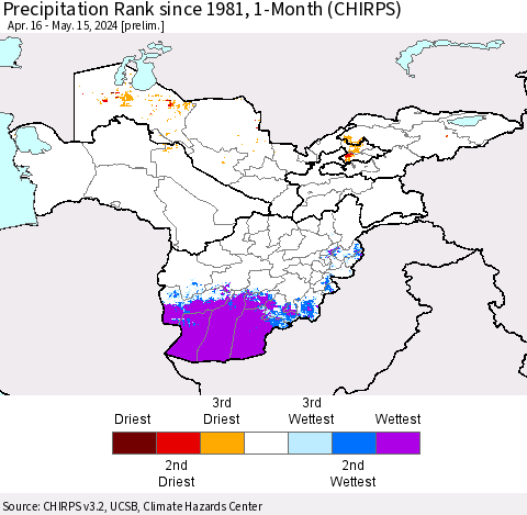 Central Asia Precipitation Rank since 1981, 1-Month (CHIRPS) Thematic Map For 4/16/2024 - 5/15/2024