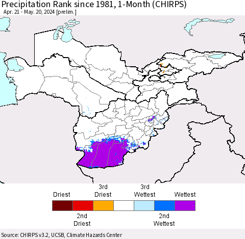 Central Asia Precipitation Rank since 1981, 1-Month (CHIRPS) Thematic Map For 4/21/2024 - 5/20/2024