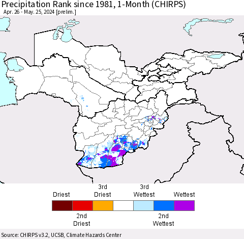 Central Asia Precipitation Rank since 1981, 1-Month (CHIRPS) Thematic Map For 4/26/2024 - 5/25/2024