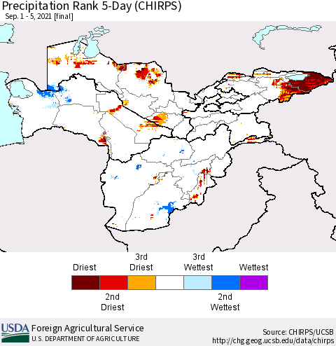 Central Asia Precipitation Rank since 1981, 5-Day (CHIRPS) Thematic Map For 9/1/2021 - 9/5/2021