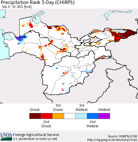 Central Asia Precipitation Rank since 1981, 5-Day (CHIRPS) Thematic Map For 9/6/2021 - 9/10/2021