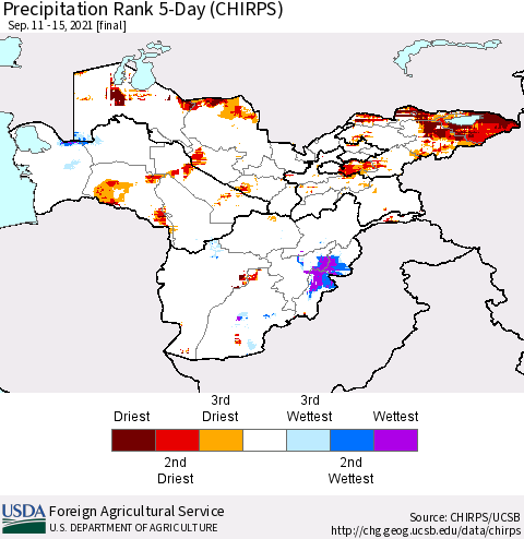 Central Asia Precipitation Rank since 1981, 5-Day (CHIRPS) Thematic Map For 9/11/2021 - 9/15/2021