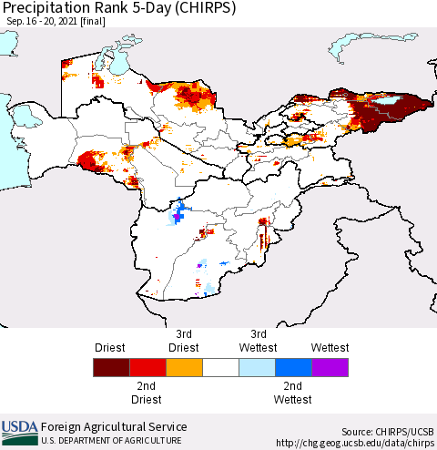 Central Asia Precipitation Rank since 1981, 5-Day (CHIRPS) Thematic Map For 9/16/2021 - 9/20/2021