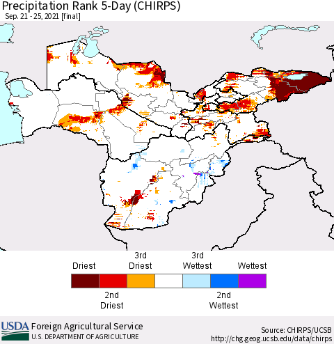 Central Asia Precipitation Rank since 1981, 5-Day (CHIRPS) Thematic Map For 9/21/2021 - 9/25/2021